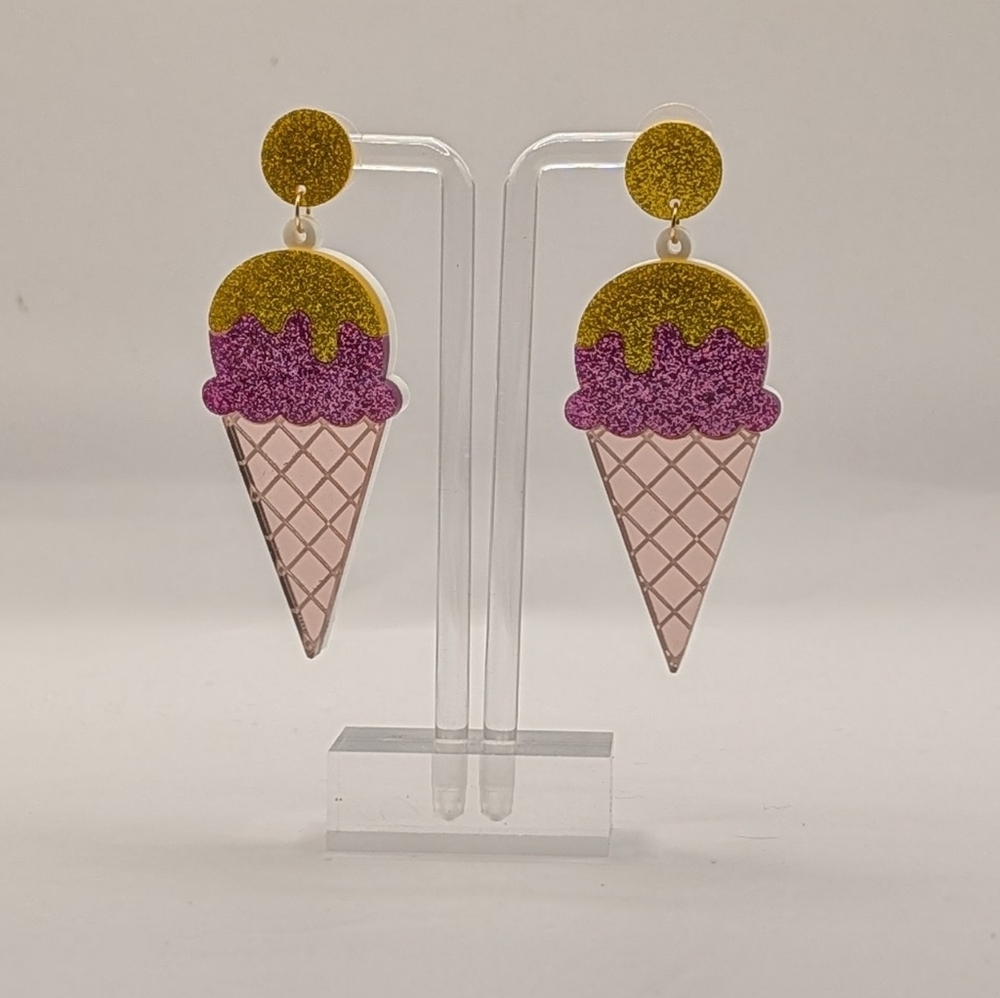 Ice Cream Cone Glitter Drop Earrings Pink And Yellow - Picture 1 of 5